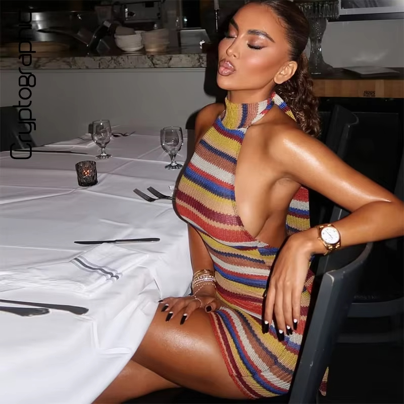 Y2K Backless Halter Mini Dress - Gestreepte gebreide halter mini-jurk Kleurrijke contrastrijke