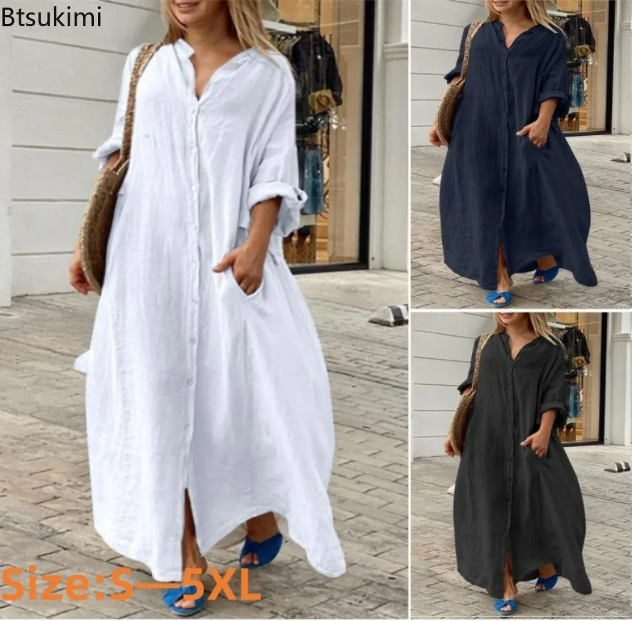 Casual Loose Linen Shirt Dress - 2026 Dames Casual Katoenen Linnen Lange