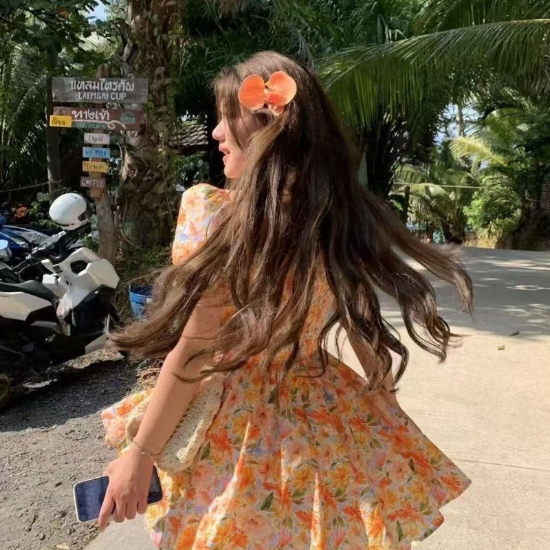 Off Shoulder Puff Sleeve Sundress - 2026 nieuwe oranje bloemenprint off-shoulder mini-jurk