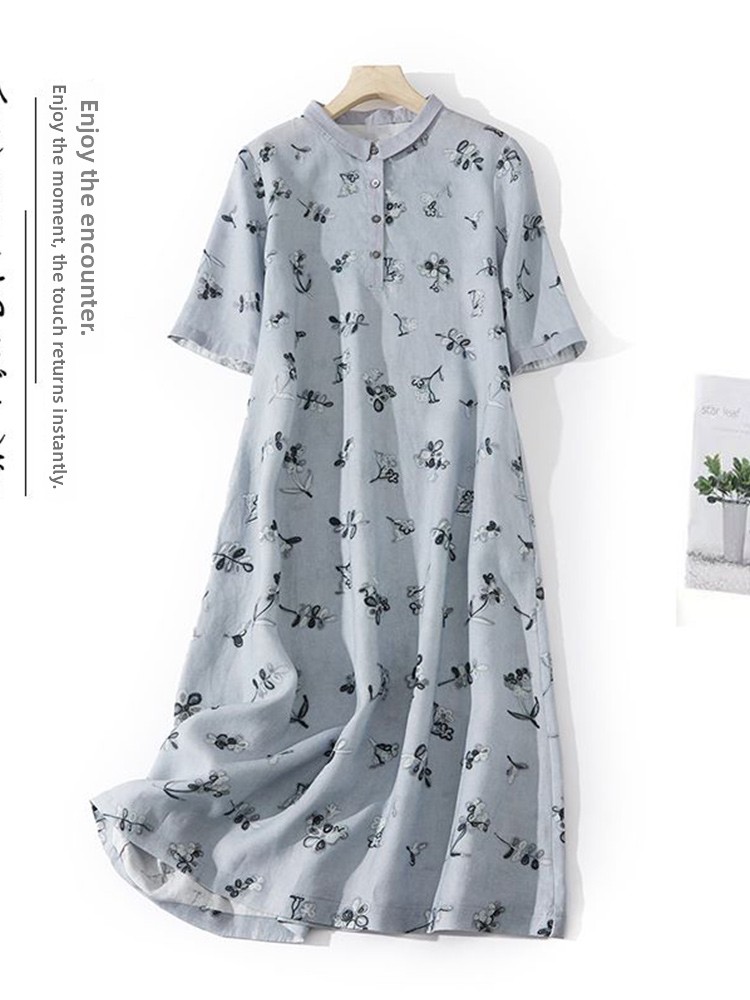 Casual Loose Linen Shirt Dress - Artistieke bloemenprint losse katoenen linnen overhemdjurk