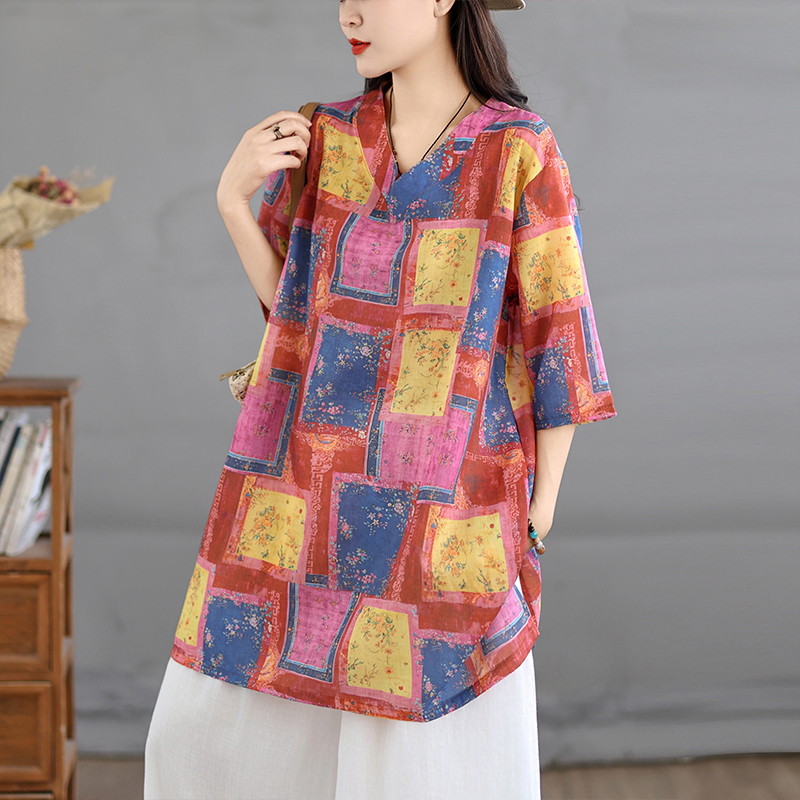 Casual Loose Linen Shirt Dress - Casual katoenen linnen print retro shirt
