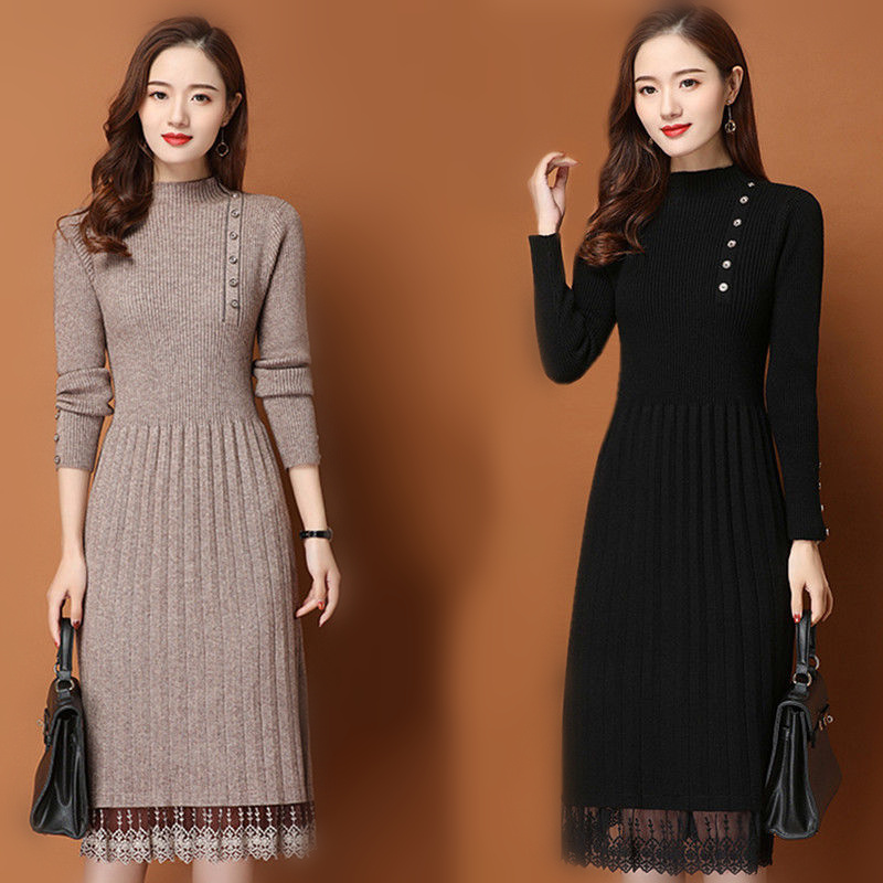 Bodycon Long Sleeve Ribbed Dress - Kant Zoom Knoppen Vrouwen Herfst Winter