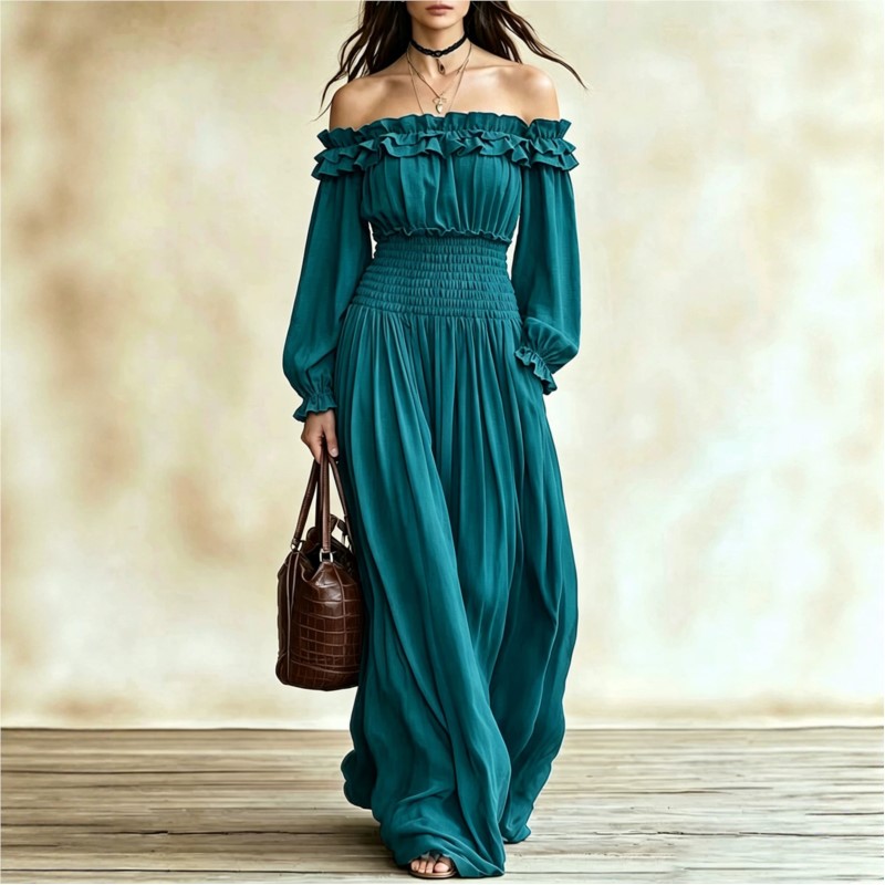 Off Shoulder Puff Sleeve Sundress - Off-shoulder maxi jurken voor dames, herfst,