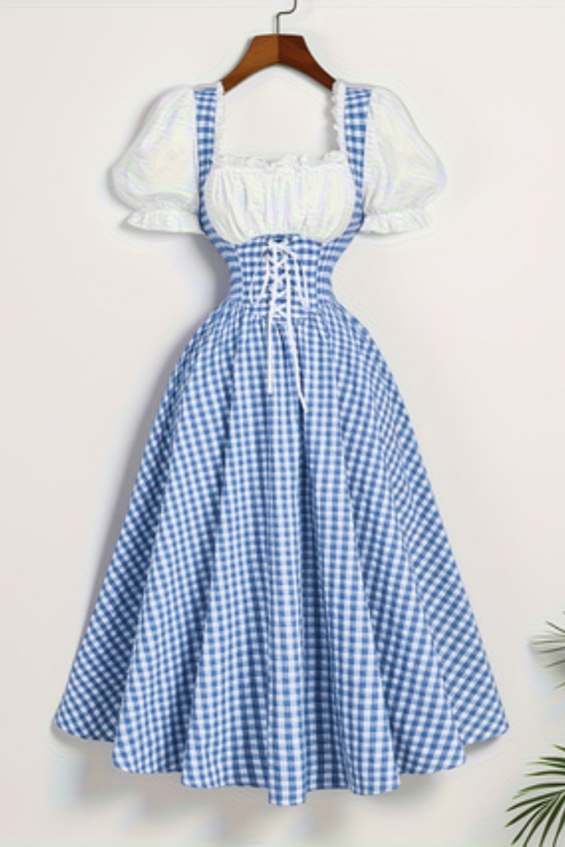 French Vintage Floral Midi Dress - Damesmode blauw en wit raster gesplitste