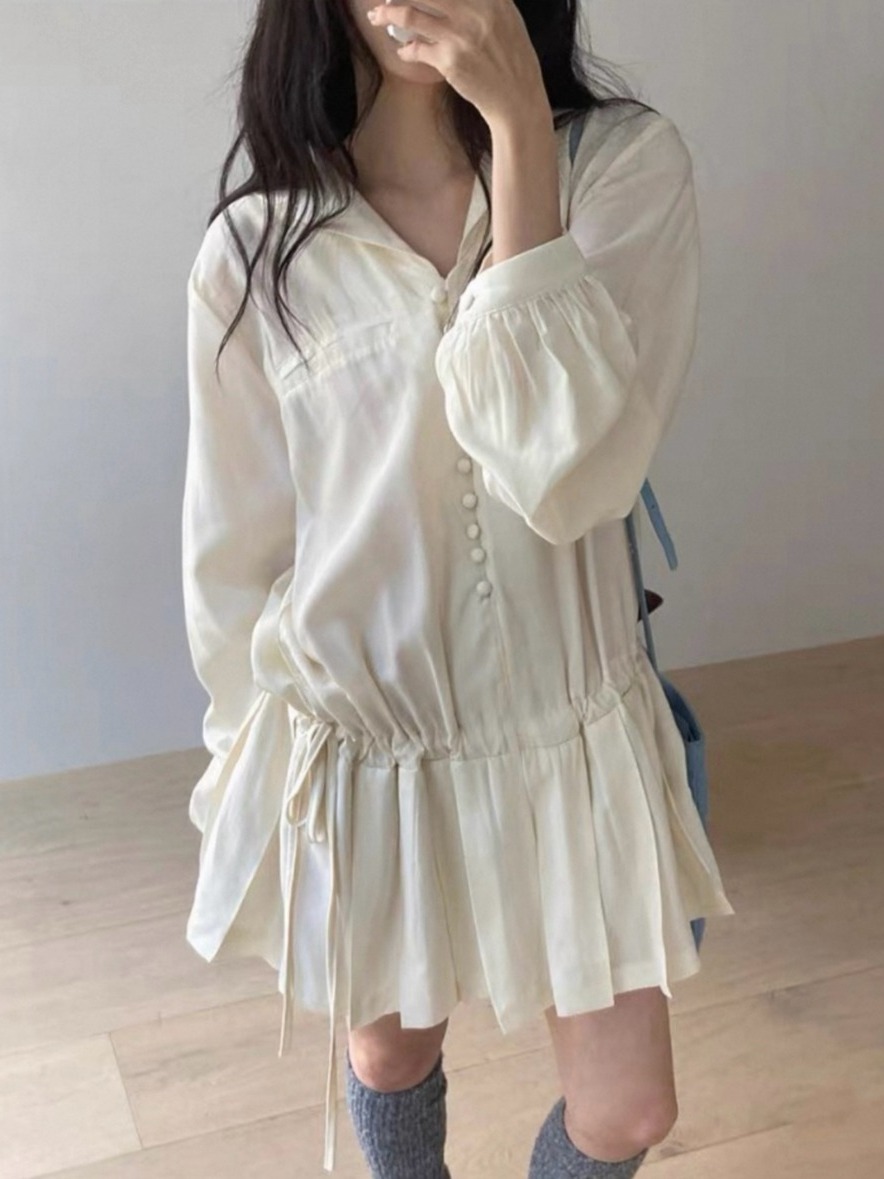 Korean Style A Line Shirt Dress - Afslankende shirtjurk met lange mouwen, chique