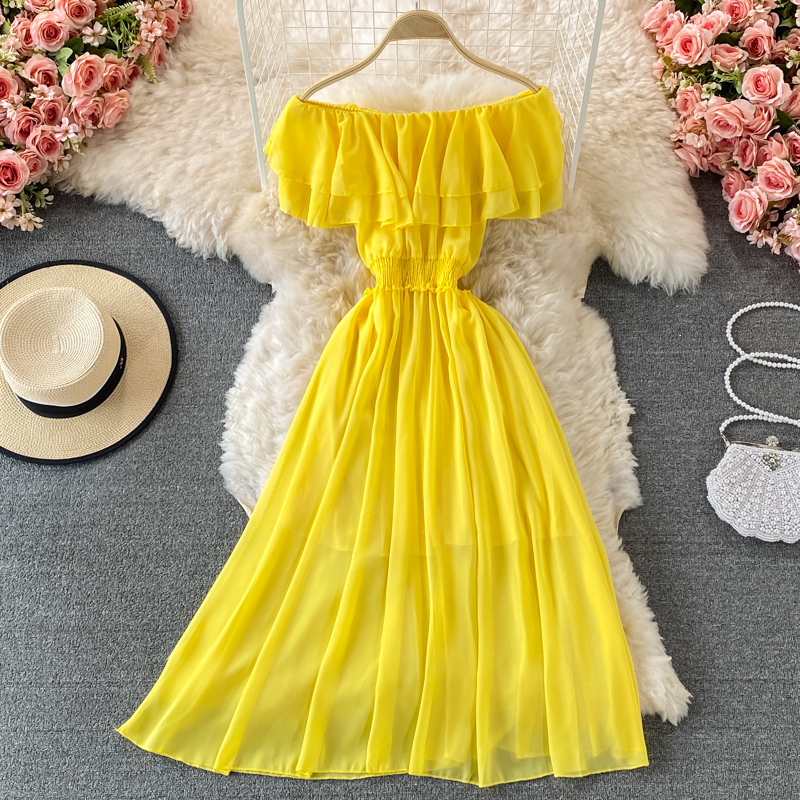 Gele Effen Dames Strandjurk Vo - Off Shoulder Puff Sleeve Sundress recensie en prijs
