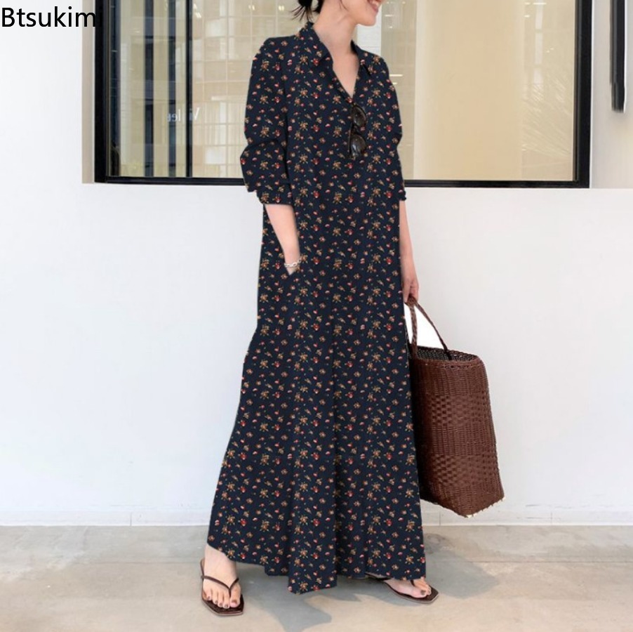 Nieuwe dames print lange stijl - Casual Loose Linen Shirt Dress recensie en prijs