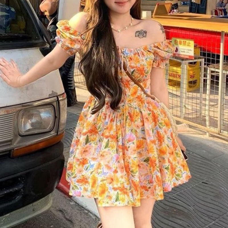 2026 nieuwe oranje bloemenprin - Off Shoulder Puff Sleeve Sundress recensie en prijs