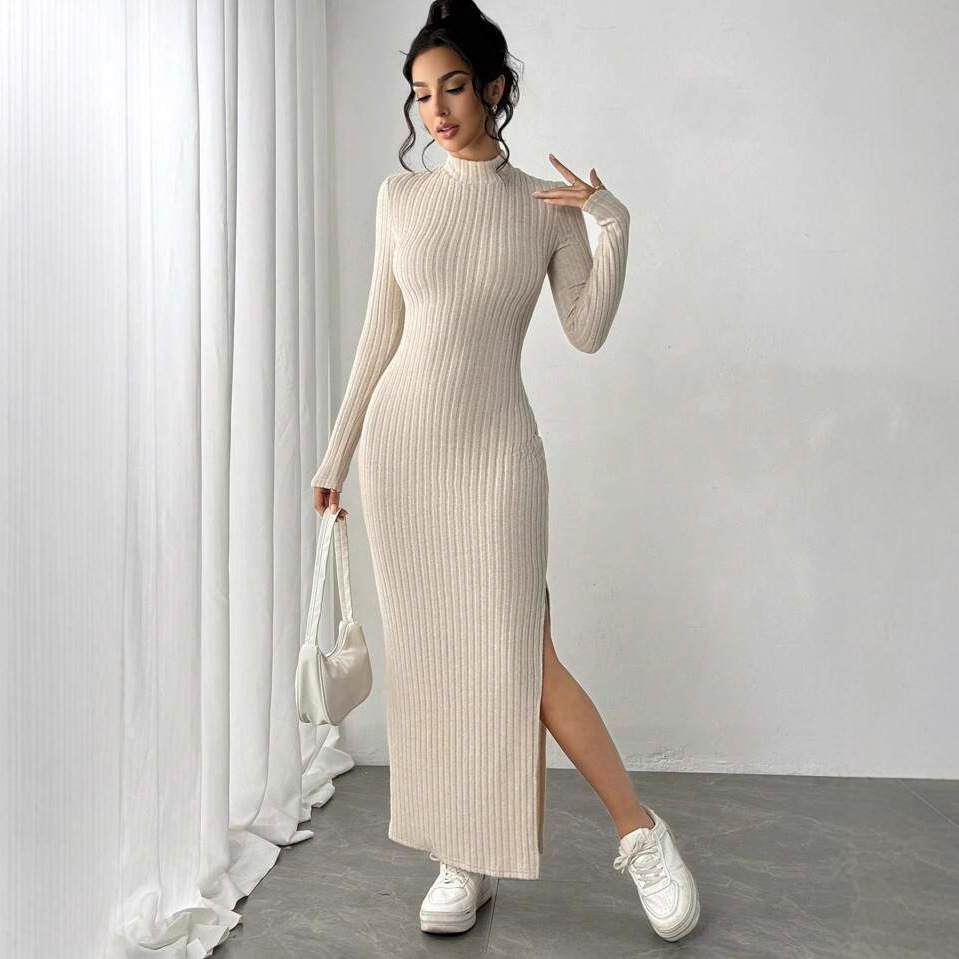 Modieuze gebreide geribde turt - Bodycon Long Sleeve Ribbed Dress recensie en prijs