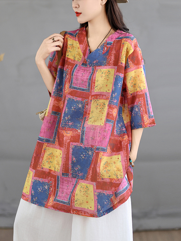 Casual linnen print top, vinta - Casual Loose Linen Shirt Dress recensie en prijs