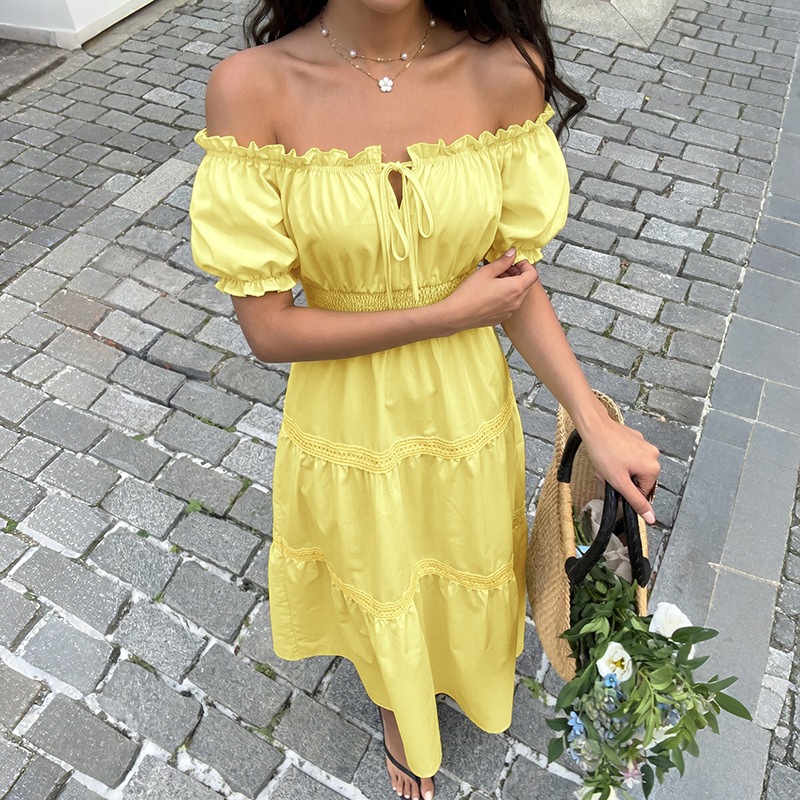 Zomer Boheemse dames gele off- - Off Shoulder Puff Sleeve Sundress recensie en prijs