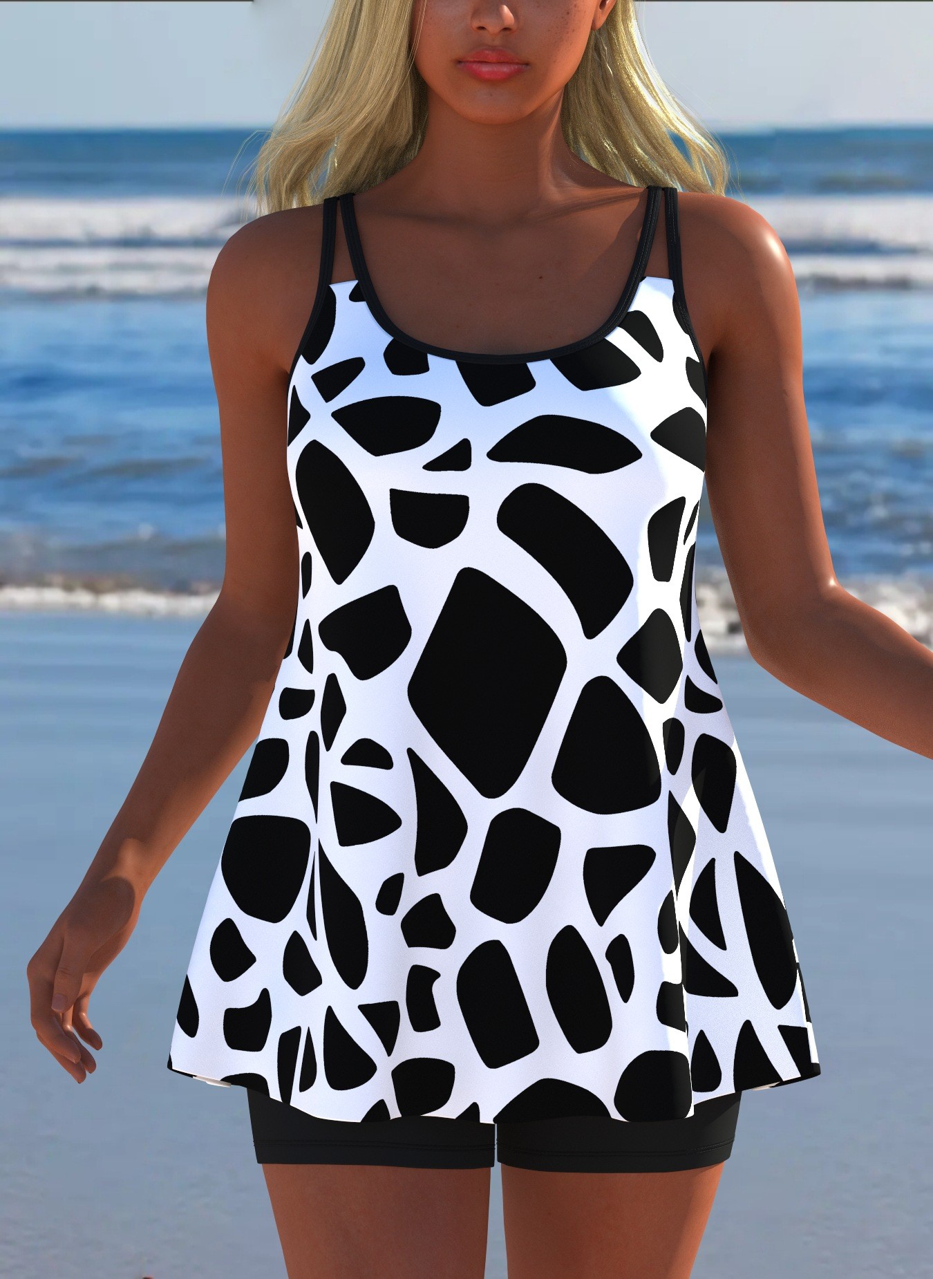 Zwart-witte print tankini mouw - Tops recensie en prijs